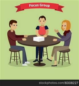 Focus group target audience at aim. Market research, focus, group discussion, survey, research, focus concept, interview. Group of people sitting at the table. Focus group concept. Focus group team