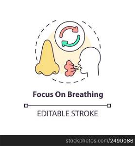 Focus on breathing concept icon. Mindful≠ss activity abstract idea thin li≠illustration. Calming mind. Con¢ration. Isolated outli≠drawing. Editab≤stroke. Arial, Myriad Pro-Bold fonts used. Focus on breathing concept icon
