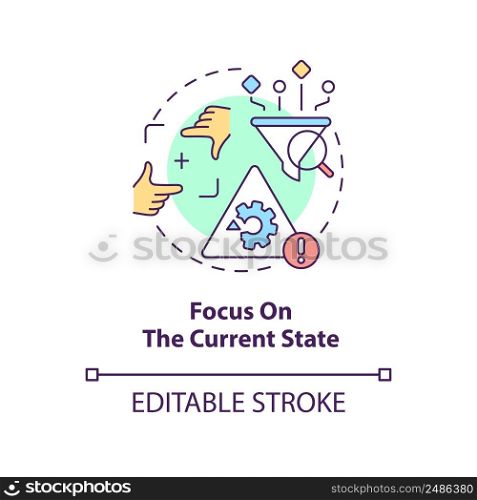 Focus on current state concept icon. Value stream mapping best practice abstract idea thin line illustration. Isolated outline drawing. Editable stroke. Arial, Myriad Pro-Bold fonts used. Focus on current state concept icon