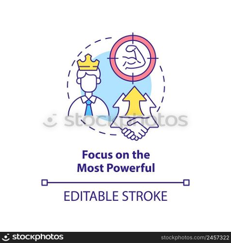 Focus on most powerful concept icon. Influential investors. Stakeholder engagement abstract idea thin line illustration. Isolated outline drawing. Editable stroke. Arial, Myriad Pro-Bold fonts used. Focus on most powerful concept icon