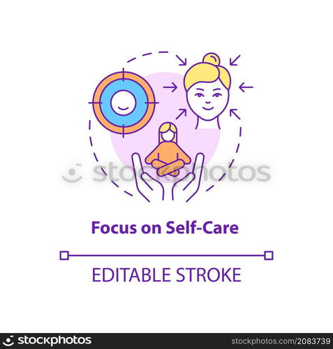 Focus on self care concept icon. Support group advantage abstract idea thin line illustration. Balance and health. Isolated outline drawing. Editable stroke. Roboto-Medium, Myriad Pro-Bold fonts used. Focus on self care concept icon