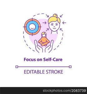 Focus on self care concept icon. Support group advantage abstract idea thin line illustration. Balance and health. Isolated outline drawing. Editable stroke. Roboto-Medium, Myriad Pro-Bold fonts used. Focus on self care concept icon