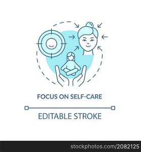 Focus on self care turquoise concept icon. Self mindfulness abstract idea thin line illustration. Isolated outline drawing. Editable stroke. Roboto-Medium, Myriad Pro-Bold fonts used. Focus on self care turquoise concept icon
