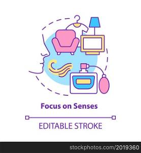 Focus on senses concept icon. Appeal to customer olfactory sense. Sensory branding. Scent marketing abstract idea thin line illustration. Vector isolated outline color drawing. Editable stroke. Focus on senses concept icon