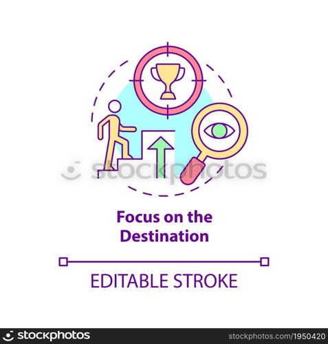 Focus on the destination concept icon. Goal achievement abstract idea thin line illustration. Path to success. Happiness mindset. Vector isolated outline color drawing. Editable stroke. Focus on the destination concept icon