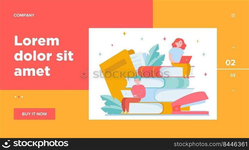 Focused people studying in online school flat vector illustration. Young tiny boy and girl sitting with laptops on big stack of books. Distance education and knowledge concept