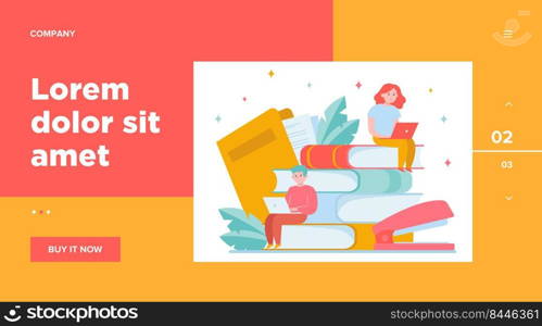 Focused people studying in online school flat vector illustration. Young tiny boy and girl sitting with laptops on big stack of books. Distance education and knowledge concept