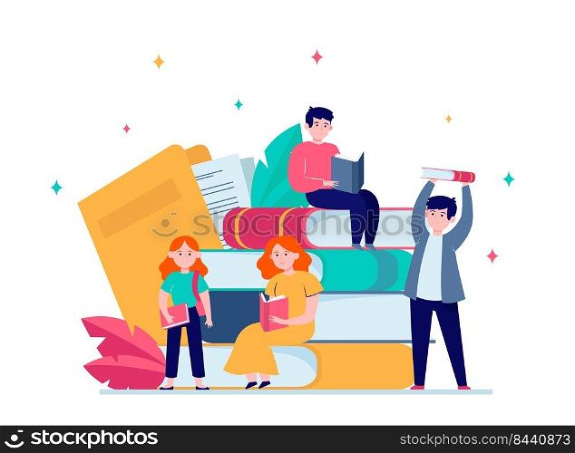 Focused tiny people reading books. Studying, story, library flat vector illustration. Knowledge and education concept for banner, website design or landing web page