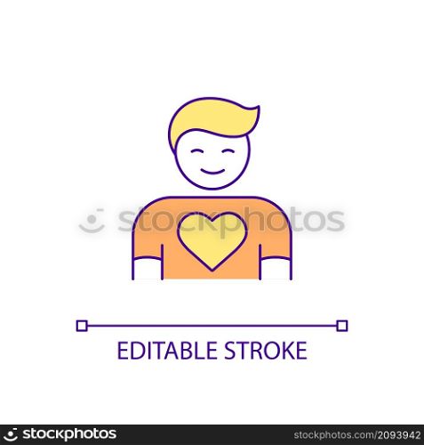 Focusing on positive mindset RGB color icon. Stress management. Golden hearted person. Positive thinking. Isolated vector illustration. Simple filled line drawing. Editable stroke. Arial font used. Focusing on positive mindset RGB color icon
