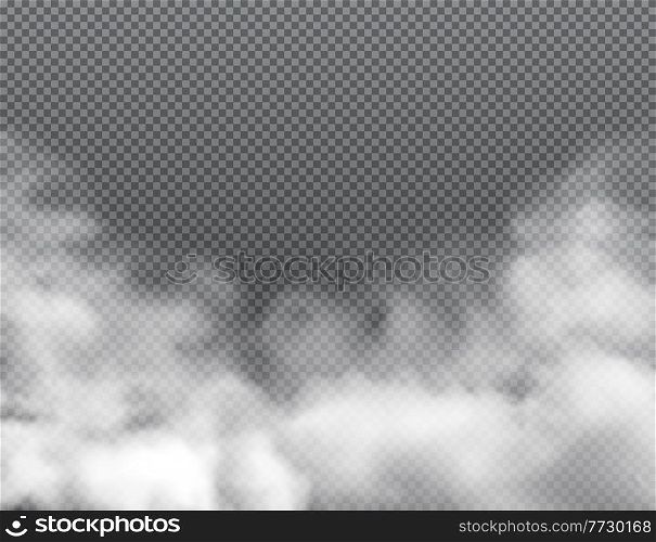 Fog or clouds, smoke toxic steaming vapour with dust smog, realistic vector background. Clouds of white smog, or dusty explosion of gas and vapor of smoky powder and toxic air splash. Fog or clouds, smoke toxic steaming vapor dust