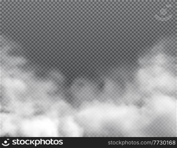 Fog or clouds, smoke toxic steaming vapour with dust smog, realistic vector background. Clouds of white smog, or dusty explosion of gas and vapor of smoky powder and toxic air splash. Fog or clouds, smoke toxic steaming vapor dust