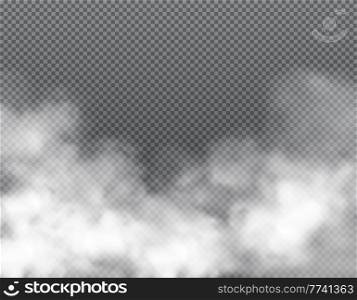 Fog or clouds, smoke, white toxic steaming vapor vector background. Magic mist, air smog and dust pollution realistic backdrop. Fire or cigarette smoke, haze and vapour condensation clouds. Fog or clouds, smoke, white toxic steaming vapor
