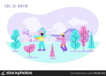 Fog people composition with outdoor landscape and clouds of mist with trees and walking human characters vector illustration