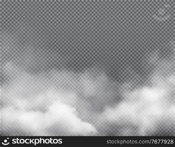 Fog smoke, mist steam clouds background, transparent white smog, vector effect. Smoke fog or spooky dust explosion of gas, magic sky vapor light or smoky powder and toxic air splash. Fog smoke, mist steam cloud transparent background