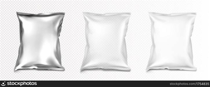 Foil and plastic bags mockup, blank white, transparent and silver metallic colored pillow packages for food production, snack, chips or cookies, isolated design element Realistic 3d vector mock up set. Foil and plastic bags mockup, white and silver