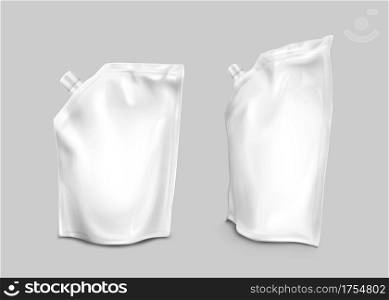 Foil bag with lid on corner, doypack for liquid food isolated on gray background. Vector realistic mockup of blank white pouch, flexible doy pack for milk product, juice or sauce. Foil bag with lid, doypack for liquid food
