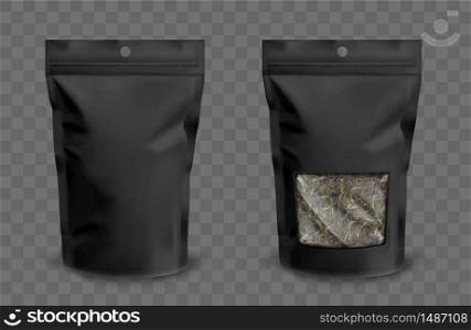 Foil pouch with zipper and clear window, doypack for food. Blank stand up plastic bags with green tea. Vector realistic mockup of black flex package with zip lock isolated on transparent background. Foil pouch with zipper and plastic window for tea