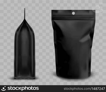 Foil pouch with zipper, doypack for food. Blank stand up plastic bag front and side view. Vector realistic mockup of black flex package with zip lock isolated on transparent background. Black foil pouch with zipper, doypack for food