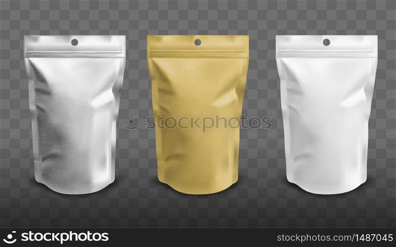 Foil pouch with zipper, doypack for food. Blank stand up plastic bags. Vector realistic mockup of white, silver and gold colored flex package with zip lock isolated on transparent background. Foil pouch with zipper, doypack for food