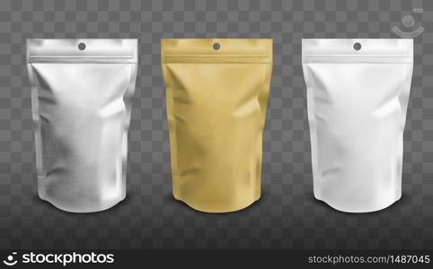 Foil pouch with zipper, doypack for food. Blank stand up plastic bags. Vector realistic mockup of white, silver and gold colored flex package with zip lock isolated on transparent background. Foil pouch with zipper, doypack for food