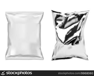 Foil snack bag. White plastic food sachet isolated vector blank. Snack pouch mock up template design. Candy or chocolate pillow packet 3d mockup. Cookie product wrap. Polythene chips packaging. Foil snack bag. White plastic food sachet isolated