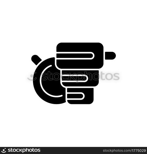 Foldable cup black glyph icon. Portable amenities for camping comfort. Reusable mug. Essential things for tourist. Travel size objects. Silhouette symbol on white space. Vector isolated illustration. Foldable cup black glyph icon