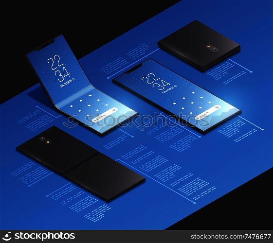 Foldable gadgets concepts isometric mockup composition with realistic images of new smartphone models with text captions vector illustration