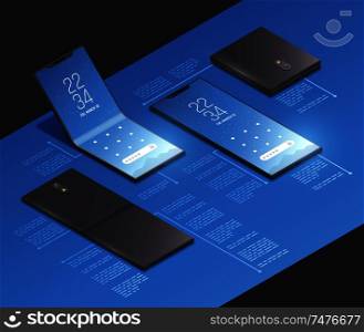 Foldable gadgets concepts isometric mockup composition with realistic images of new smartphone models with text captions vector illustration