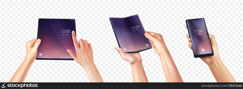 Foldable smartphone set of realistic images with various fugures of human hands hold folding touchscreen phone vector illustration
