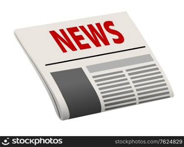 Folded angled cartoon newspaper with perspective and the header in red - News, isolated on white background. Folded angled cartoon newspaper