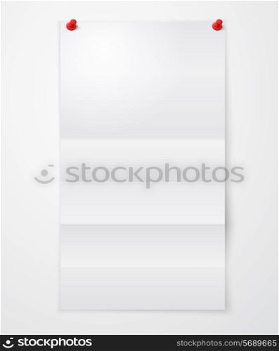 Folded blank paper sheet with colored pushpins isolated on white background vector illustration