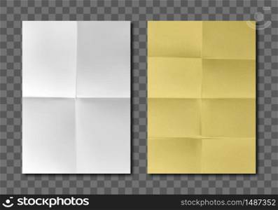 Folded blank paper sheets top view. Vector realistic mockup of white and yellow paper with crossing creases. Wrinkled leaflet, flyer, crumpled document pages isolated on gray background. Folded blank white yellow paper sheets