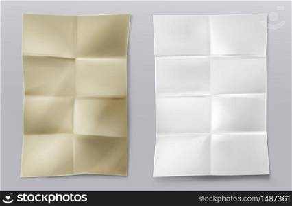 Folded blank paper sheets top view. Vector realistic mockup of white and kraft paper with crossing creases. Wrinkled leaflet, flyer, crumpled document pages isolated on gray background. Folded blank white and kraft paper sheets