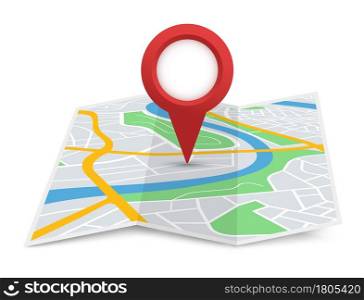 Folded city map with destination pointer, gps navigation. Red location pin marker on 3d paper street maps. Tourist place navigator vector sign. Route direction, tourism destination. Folded city map with destination pointer, gps navigation. Red location pin marker on 3d paper street maps. Tourist place navigator vector sign