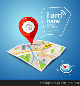 Folded maps navigation, with red color point markers, i am here message design background, vector illustration