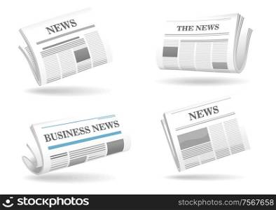 Folded newspaper vector icons with type and picture mockup and various headings News, The News, Business News floating above shadows