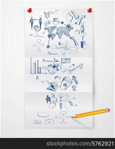 Folded paper sheet with business symbols pushpins and pencil vector illustration