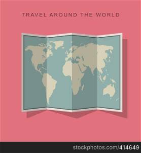 Folded paper world map with shadow on pink background. Flat illustration of map.. World map flat icon