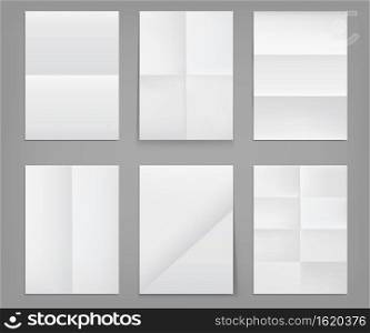 Folded posters, white paper blank sheets of wrinkled texture. Mockup for flyer, advertisement or letter with folds, crumpled torn pages isolated on grey background Realistic 3d vector illustration set. Folded posters, white paper blank wrinkled sheets