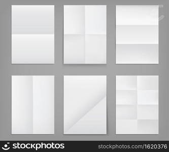 Folded posters, white paper blank sheets of wrinkled texture. Mockup for flyer, advertisement or letter with folds, crumpled torn pages isolated on grey background Realistic 3d vector illustration set. Folded posters, white paper blank wrinkled sheets