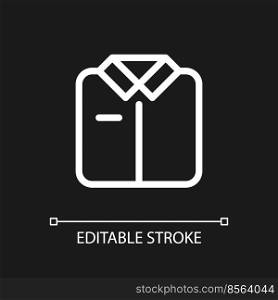 Folded shirt pixel perfect white linear ui icon for dark theme. Work uniform. Pajamas store. Vector line pictogram. Isolated user interface symbol for night mode. Editable stroke. Arial font used. Folded shirt pixel perfect white linear ui icon for dark theme