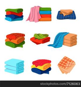 Folded towel. Soft fashion fabric cotton color towels for fresh kitchen or bath isolated cartoon isometric vector bathroom or hotel spa clean collection. Folded towel. Soft fashion fabric cotton color towels for fresh kitchen or bath isolated cartoon vector collection