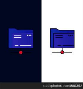 Folder, Data, Server, Storage Icons. Flat and Line Filled Icon Set Vector Blue Background