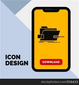 Folder, repair, skrewdriver, tech, technical Glyph Icon in Mobile for Download Page. Yellow Background. Vector EPS10 Abstract Template background
