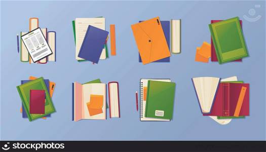 Folder top view. Books and paper covers business office supplies garish vector items fol library flat style pictures collection. Illustration of book and business notebook at workplace. Folder top view. Books and paper covers business office supplies garish vector items fol library flat style pictures collection