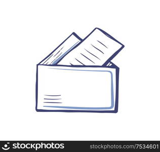 Folder with documents, file icon with sheets of paper vector isolated. Monochrome sketch outline of documents with text in zip file, web appliance sign. Folder with Documents, File Icon Sheets of Paper