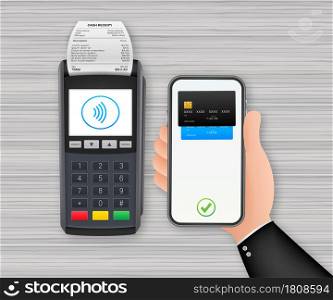Folder with paper check. Coffee cup. Restaurant bill paying. Cashier check, invoice, order. Vector illustration.. Contactless Payment Methods Mobile smart phone and wireless POS Terminal realistic style. Vector stock illustration