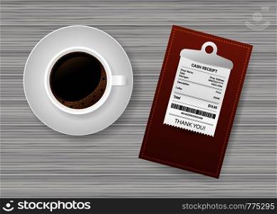 Folder with paper check. Coffee cup. Restaurant bill paying. Cashier check, invoice, order. Vector illustration.. Folder with paper check. Coffee cup. Restaurant bill paying. Cashier check, invoice, order. Vector stock illustration.