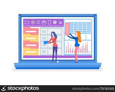 Folders and chart in laptop, interface of app archive and statistics diagram. Women working with files, buttons of settings, screen of device vector. Folder and Chart in Laptop, App and Website Vector