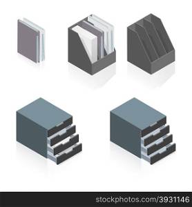 Folders and storage boxes detailed isometric set. Folders and storage boxes detailed isometric set vector graphic illustration